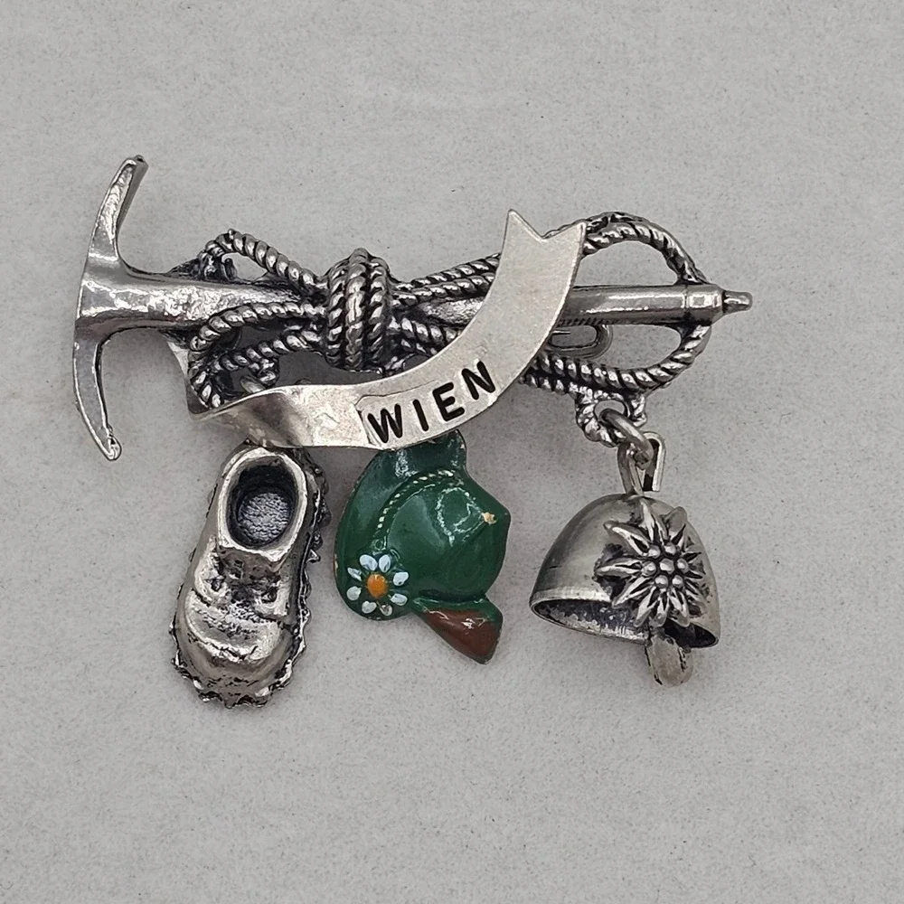 Wien Souvenir Brooch Silver Tone Alpine Hiking Charms Vienna Austria Vintage